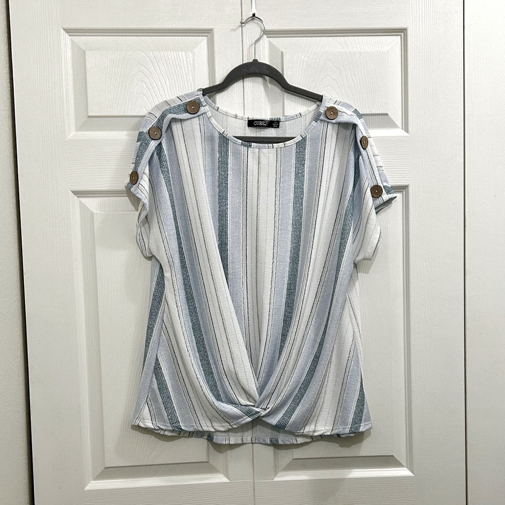 Blue and White Striped Crew Neck Short Sleeve Top